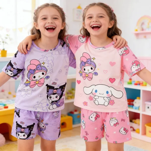 3 to 12 Years Girls Pajamas Summer Pyjamas Sets Kids Hello Kitty Cat Kuromi Tops+Short Pants Sleep Wear Little Girl Clothing
