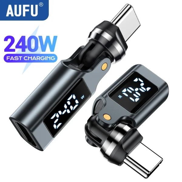 AUFU PD240W 5A Type C Adapter USB Type C Male to Type C Female Digital Display OTG Converter For iPhone17 Samsung Xiaomi Laptop
